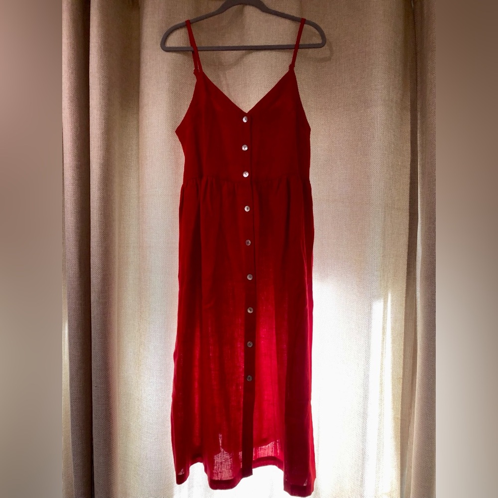 NWT Handmade Red Linen Button Dress with Adjustable Straps :)